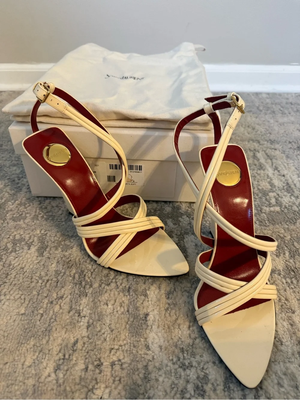Saint Laurent Ivory Patent Leather Strappy Sandals